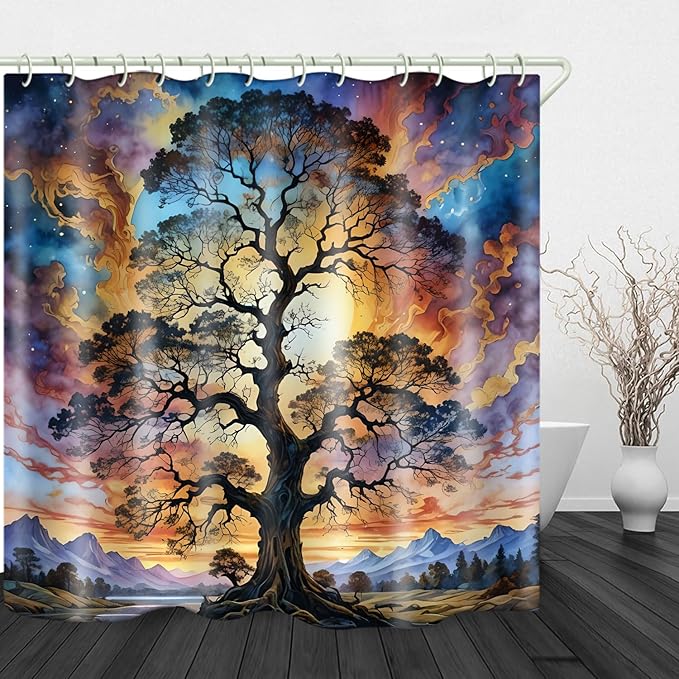 Shower Curtains Life Tree Theme, Colorful Bright Sky Brings A Unique Artistic Atmosphere to The Bathroom, 59x72 Inch Fabric Shower Curtain with 12 Hooks.