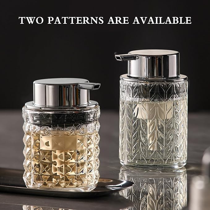 CICUFY Foaming Soap Dispenser 2 Pack, Foam Hand Soap Dispenser for Bathroom Kitchen Liquid Refillable Clear Glass Bottles with Silver Pump(Diamond Pattern-Clear)