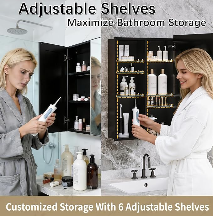 20x30 Medicine Cabinet with Mirror, 6 Adjustable Tempered Glass Shelves, Soft-Close DTC Hinges, Matte Black Aluminum Bathroom Storage, Surface or Recessed Mount, Tempered Beveled Mirror