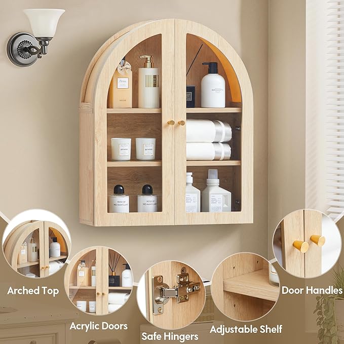 Wall Bathroom Cabinet with Glass Doors, Wood Medicine Cabinet with Adjustable Shelf, Arched Hanging Cabinet for Bathroom, Livingroom, Kitchen (Natural)