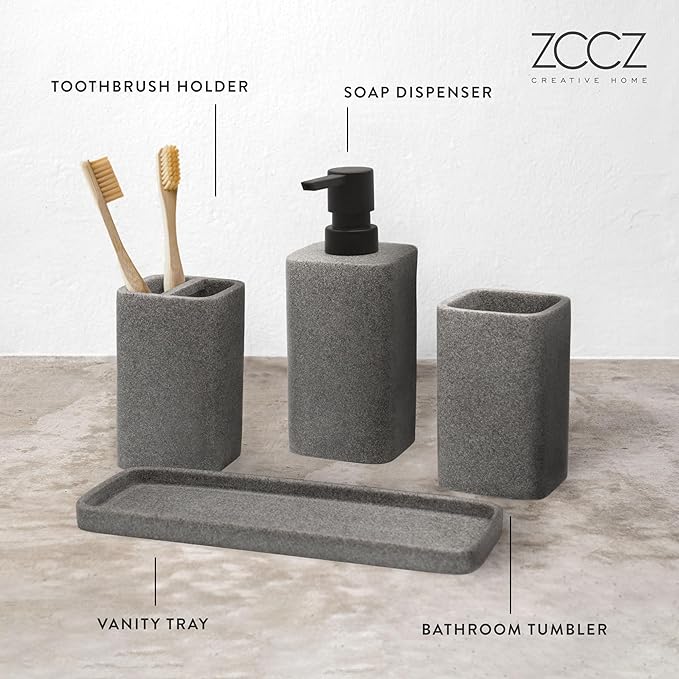 ZCCZ Bathroom Accessory Sets, 4 Pieces Bathroom Accessories Complete Set Vanity Countertop Accessory Set, Includes Lotion Dispenser Soap Pump, Tumbler, Toothbrush Holder and Tray (Grey)