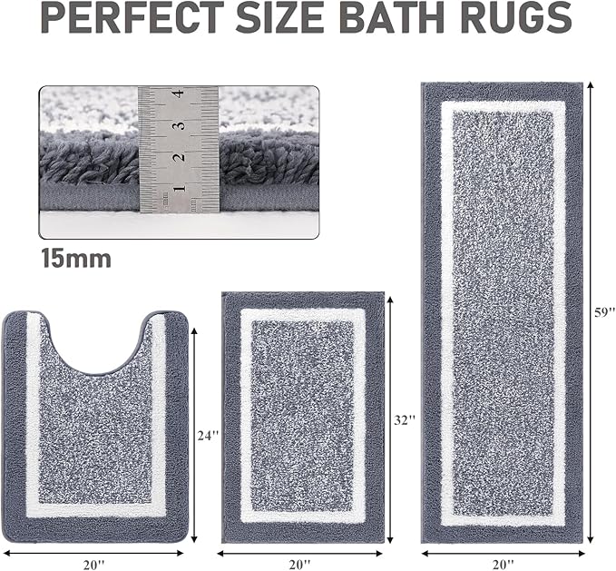 Pauwer Bathroom Rug Mat Set 3 Piece, Microfiber Shaggy Bath Set, Non-Slip Ultra Soft Carpet Mats, Absorbent with U-Shaped Toilet for Bathroom, Tub, Shower, Dark Grey