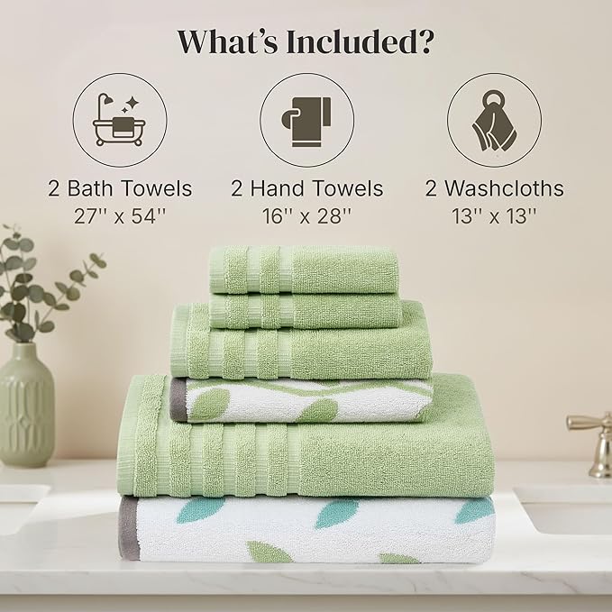 Modern Threads Natural Vine 6-Piece 100% Cotton Towel Set – Yarn Dyed Jacquard – Includes 2 Bath Towels, 2 Hand Towels, 2 Washcloths – Absorbent, Quick Dry, Soft & Durable – Sage Green