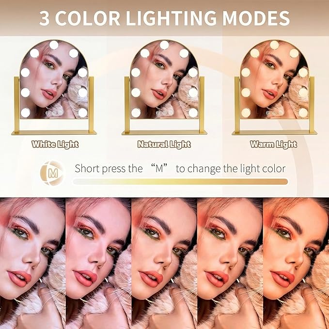 Arched Makeup Vanity Mirror with Lights LED Makeup Mirror Detachable 10X Magnification, Hollywood Make Up Mirror with Lighting, Smart Touch, Rechargeable,360° Rotation, Gold 14.17"x 11.81"