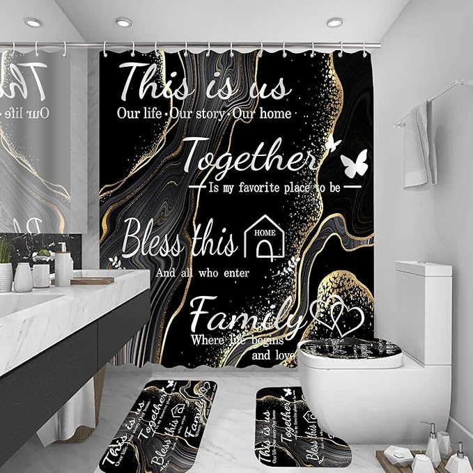 juwute 4Pcs Family Marble Shower Curtain Sets with Rugs,Black Home Inspirational Bathroom Decor Set, Bathroom Sets with Shower Curtain and Rugs, Waterproof Bathroom Shower Curtains, with 12 Hooks