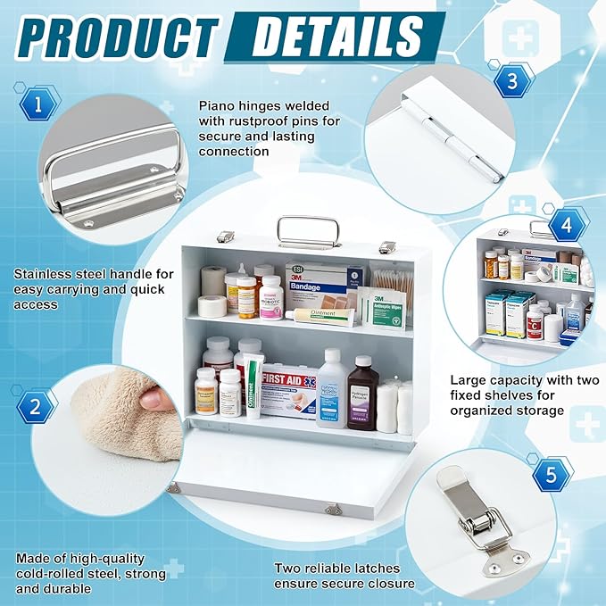 Zonon 1 Pcs Industrial Empty Medicine Cabinet 15" W x 10-1/4" H x 4-1/2" D, Large Capacity Metal First Aid Cabinet with Fold Down Door, 2 Shelves Medicine Organizer for Medication for Bathroom, White