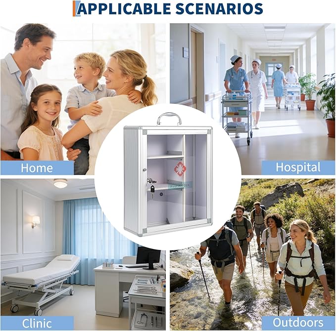 Garvee Large Lockable Medicine Cabinet with Handle,Protable First Aid Cabinet Wall Mount with Sticker for Bathroom,13.78"×5.51"×16.53",Sliver