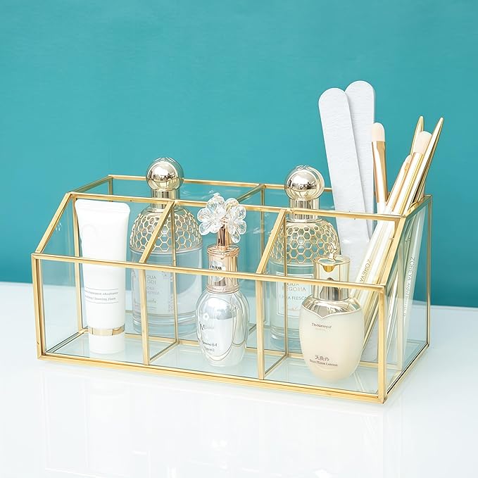 JIARI Gold 5-Compartment Desktop Organizer, Transparent Glass Makeup Brush Holder, 9.05x4.33x3.93 Inches Storage for Home Office and School Items (Gold-5 Slot)
