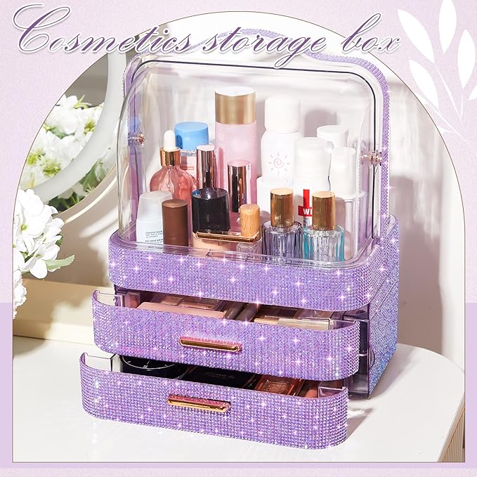 Honeydak Bling Makeup Organizer for Mothers Day Nurses Day Birthday Gifts Rhinestone Cosmetic Display Cases with Transparent Cover, Skincare Perfume Organizer for Countertop, Desk(Purple,Rhinestone)