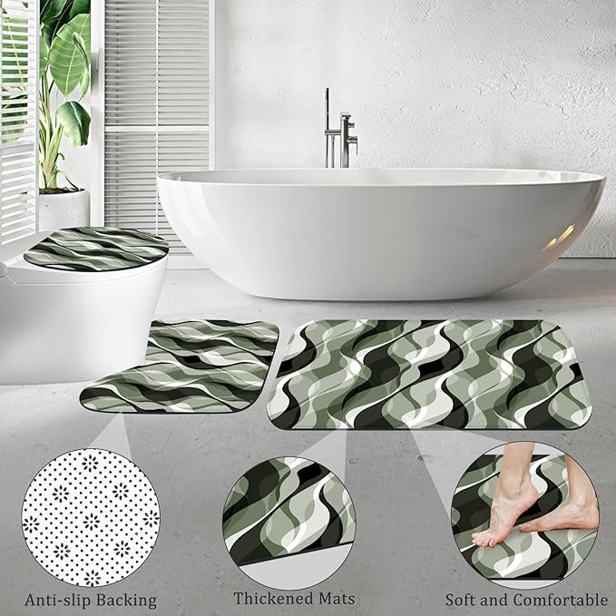 4PCS Sage Green Abstract Shower Curtain Sets with Rugs, Modern Striped Bathroom Sets with Shower Curtain and Rugs, Luxury Bathroom Curtains Shower Set with Toilet Lid Cover
