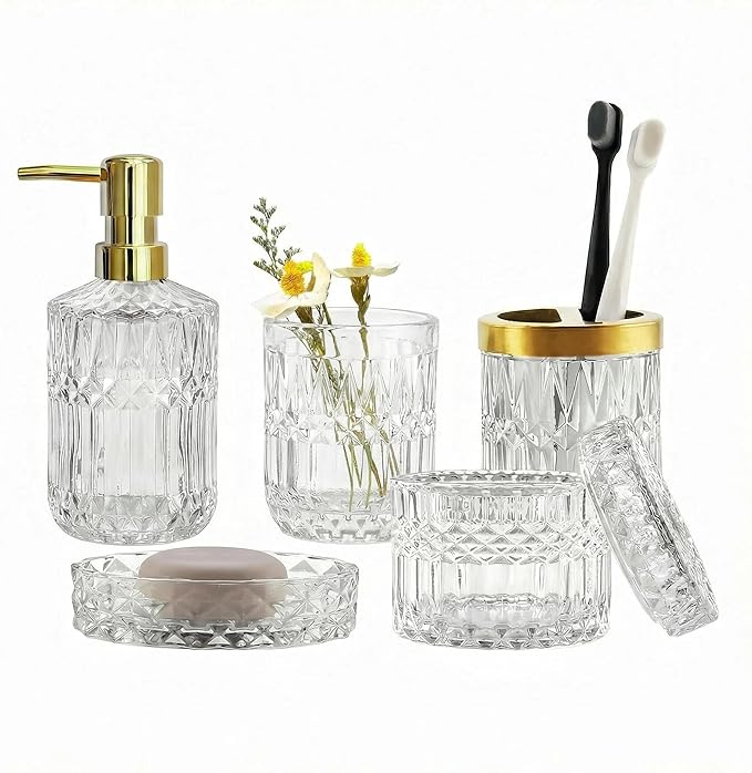 LaMarriti Clear Bathroom Accessories Set, 5pcs Crystal Glass Bathroom Set Accessories, Soap Dispenser, Toothbrush Holder Set, Soap Dish, Tumbler, Qtips Holder for Vintage Bathroom Decor, Gift Set