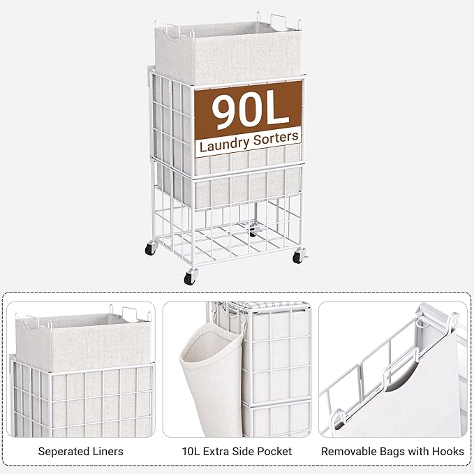 90L Laundry Basket with Wheels, Large Capacity Laundry Hamper with Removable Liner Bags, Heavy Duty Laundry Sorter with Solid Wood Lid & Leather Handles, White