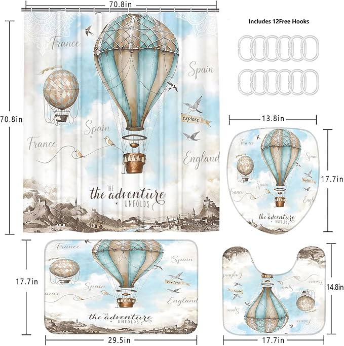 jieprom 4 Piece Sky Blue Shower Curtain Set with Rugs, Vintage Map & Hot Air Balloon Art, Scenic Adventure Aesthetic Bathroom Decor, Waterproof Fabric with Non-Slip Mats, Waterproof Fabric