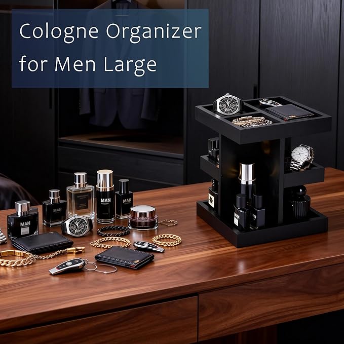 3-Tier Men's Cologne Organizer Stand - Black Wood Perfume Display & Storage for Desk or Nightstand, Gift for Husband