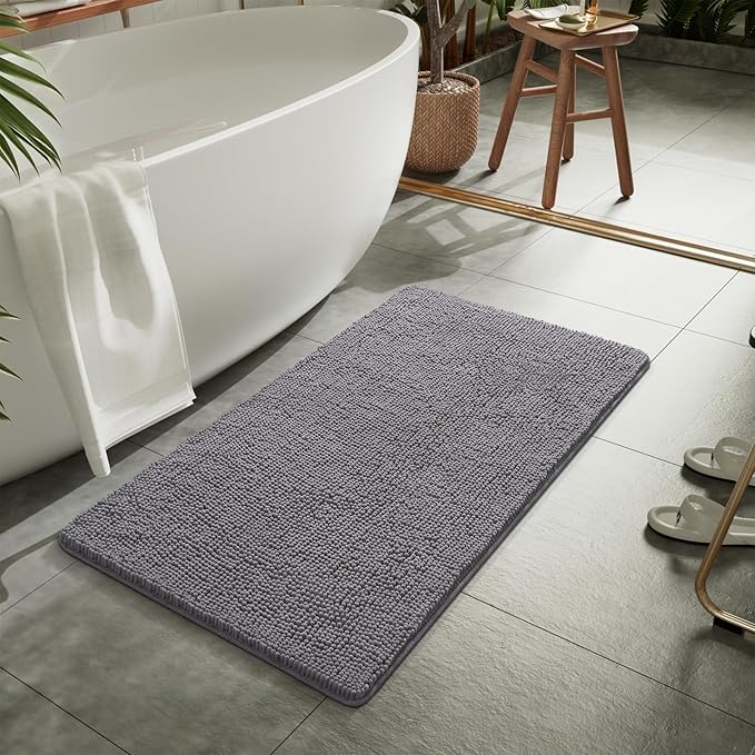 LOCHAS Luxury Bathroom Rug Shaggy Bath Mat 24 x 36 Inch, Washable Non Slip Bath Rugs for Bathroom Shower, Soft Plush Chenille Absorbent Carpets Mats, Gray