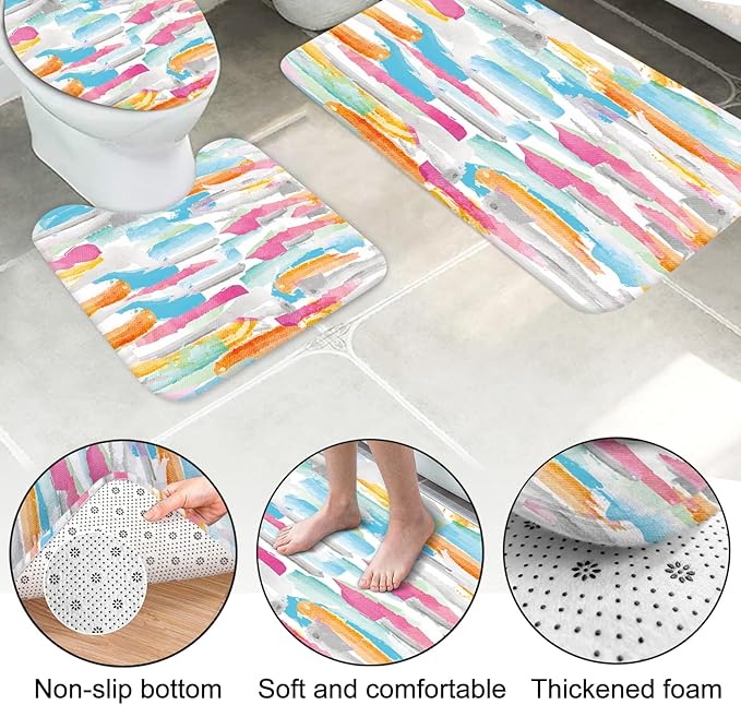 Lnond 4Pcs Abstract Shower Curtain Sets with Rugs, Watercolor Geometric Paint Bathroom Sets with Shower Curtain and Rugs and Accessories