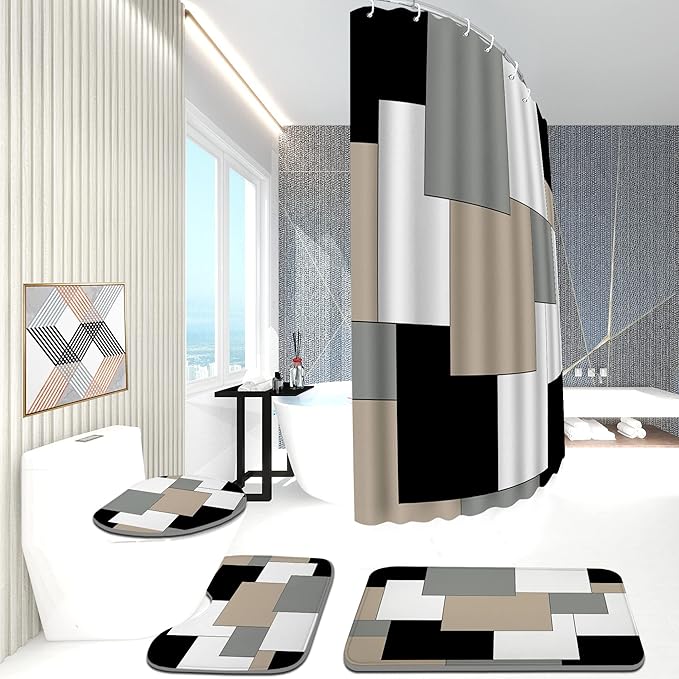 Grey Bathroom Set with Shower Curtain and Rugs, 4 Piece Geometric Set, Incl Shower Curtain with 12 Hooks, Bath Mat, U-Shaped Floor Mat, Toilet Lid Oval Rug