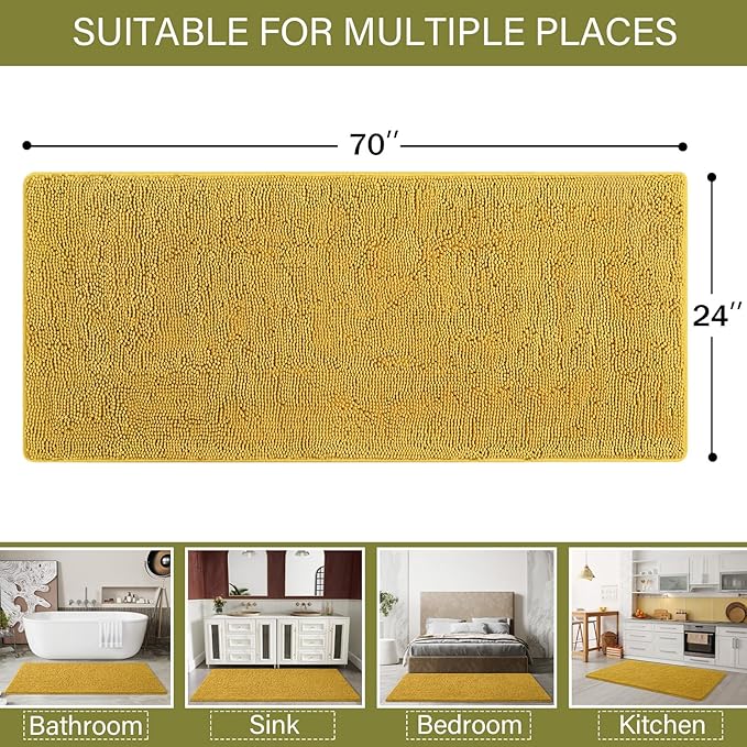 LOCHAS Luxury Bathroom Rug Shaggy Bath Mat 24 x 70 Inch, Washable Non Slip Bath Rugs for Bathroom Shower, Soft Plush Chenille Absorbent Carpets Mats, Yellow