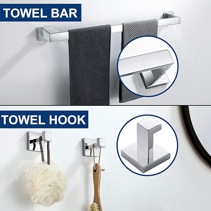 10 Pieces Bathroom Hardware Accessories Set Polished Chrome,24 Inch Bathroom Towel Rack Set SUS304 Stainless Steel, Square Bath Towel bar Set Heavy Duty, Wall Mounted