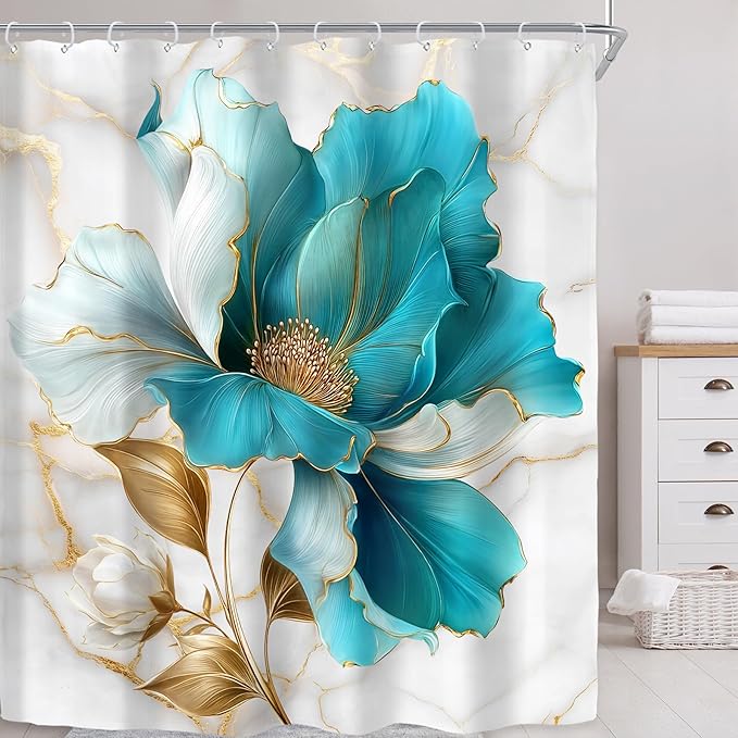Riyidecor Teal Gold Marble Floral Shower Curtain for Bathroom Decor 72Wx84H Extra Long Abstract Modern Fashion Flower Luxury Modern Art Printed Fabric Polyester Waterproof 12 Pack Plastic Hooks
