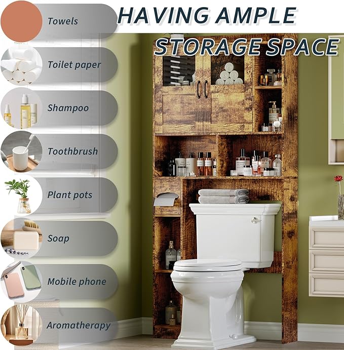 Farmhouse Style Over Toilet Storage Cabinet, 67" Tall Bathroom Organizer Unit with Sliding Barn Doors & Open Shelving for Bathroom, Neutral Wood Grain Finish