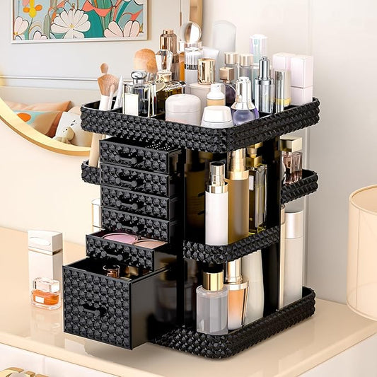 360 Rotating Makeup Organizer for Vanity, Large Skin Care Organizer with 6 Drawers Clear Acrylic Cosmetic Organizer Adjustable Spinning Makeup Storage Perfume Organizer for Dresser (Black)