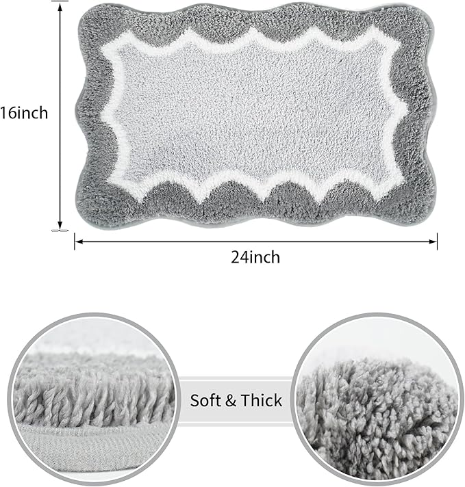 Scalloped Grey Small Bathroom Rugs Mat,Non Slip Absorbent Quick Dry Bath Mats for Shower Room,Plush Microfiber Bath Rug for Bathroom Floor Washable Carpet for Shower Tub Sink Bedroom,16"x24"