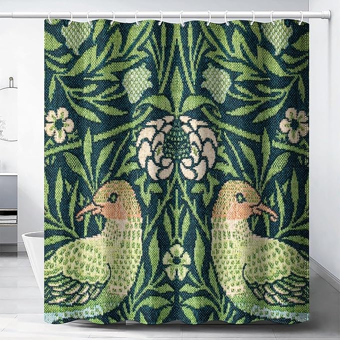 Boho Bird Shower Curtain William Morris Art Print Retro Bird Plant Natural Flower Pattern Print Shower Curtains 72""×84"" Inch, Style-6