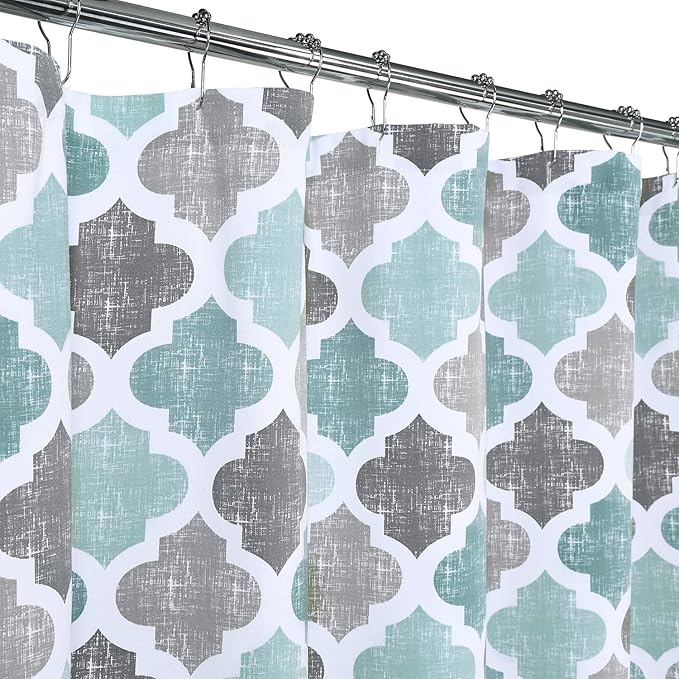 CAROMIO Geometric Quatrefoil Patterned Modern Poly-Cotton Stall Fabric Shower Curtain for Bathroom, Aqua/Mint/Grey, 54x78 Inches
