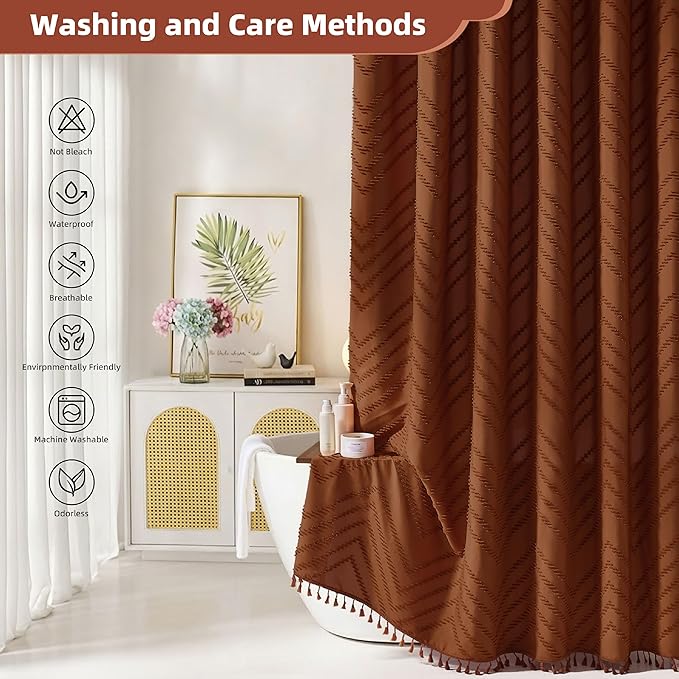 Extra Long Shower Curtains Burnt Orange 72 x 96 Inches Tufted Chevron Fabric for Bathroom Vintage Shabby Chic Waterproof Cloth Shower Curtain