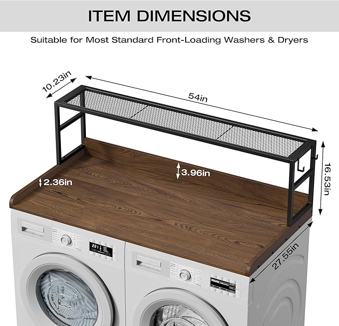 Washer Dryer Countertop with Shelf, Washer Dryer Topper, Solid Wood Washers and Dryers Countertop, 54" Width x 27.5" Depth Laundry Countertop for Laundry Room Organization and Storage, Walnut