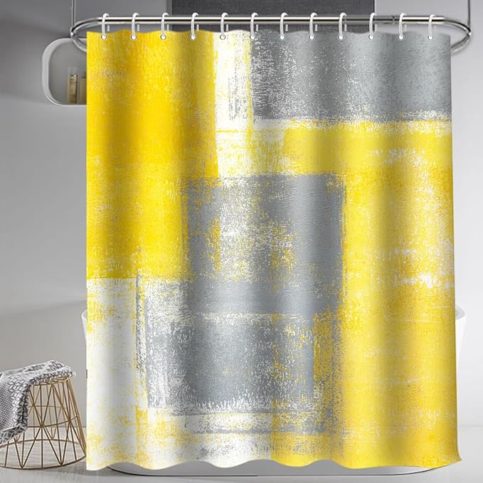 Lnond 4Pcs Bathroom Shower Curtain Sets with Rugs,Yellow and Grey Painting Art Bathroom Sets with Shower Curtain and Rugs and Accessories