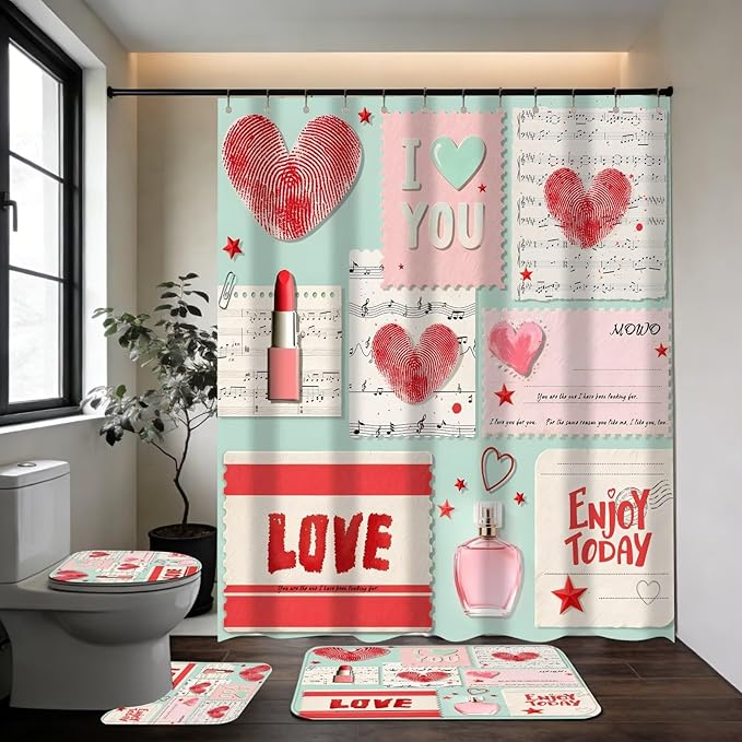 DDQQ 4Pcs Valentine's Day Shower Curtain Set Love Letter Post Office Bathroom Sets Modern Shower Curtain Set for Bathroom Sets with Rugs Red Love Shower Curtain with 12 Hooks