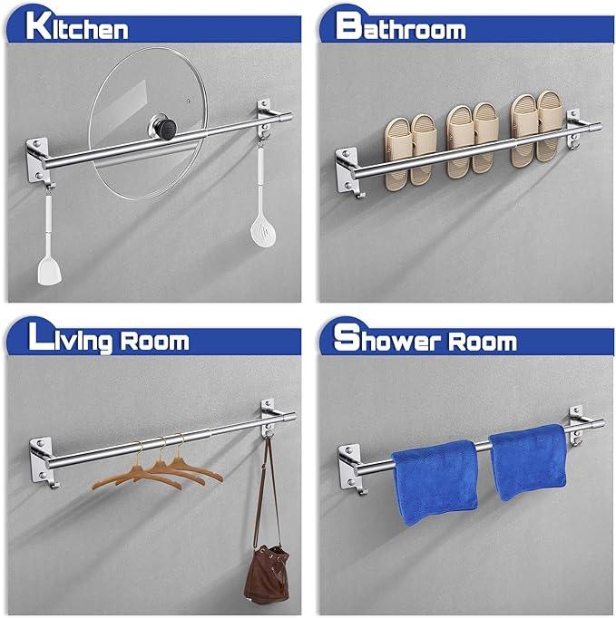 Adjustable Towel Rack for Bathroom, Stainless Steel Sturdy Towel Bar Rod (14.5”-23.6”) Wall Mount, Rustproof Towel Holder with Hanger Hook, Space-Saving Towel Rail for Bathroom Kitchen - Chrome