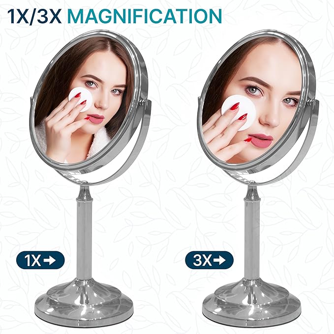Indecor Home H Halston Stainless Steel Makeup Vanity Mirror 1X, 3X Magnification Round 360 Swivel Mirror for Desk, Bedroom, Bathroom Chrome