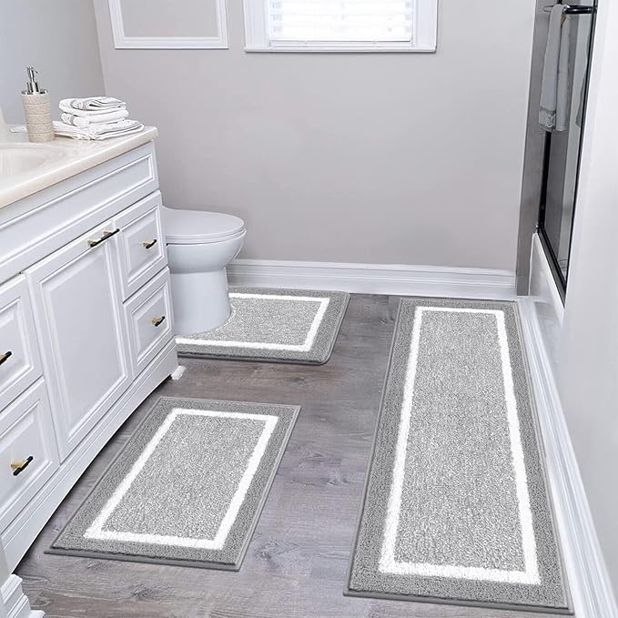 Pauwer Bathroom Rug Set 3 Piece, Non-Slip Absorbent Bath Mats, Microfiber Soft, Absorbent Plush Shaggy Carpets Includes U-Shaped Toilet Mat for Bath Floor, Shower, Light Grey