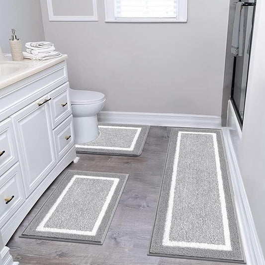 Pauwer Bathroom Rug Set 3 Piece, Non-Slip Absorbent Bath Mats, Microfiber Soft, Absorbent Plush Shaggy Carpets Includes U-Shaped Toilet Mat for Bath Floor, Shower, Light Grey
