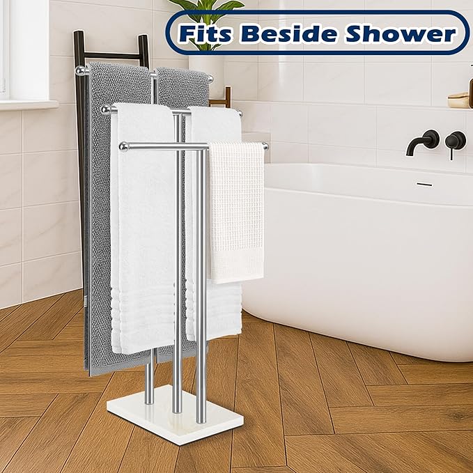 Standing Towel Rack with Marble Base, 3-Tier Free Standing Towel Racks for Bathroom, 40" Height Floor Towel Stand Holder for Bathroom, White