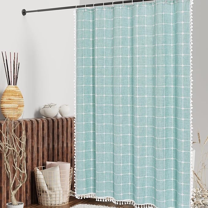 MitoVilla Teal Blue 72 x 78 Farmhouse Shower Curtain, Turquoise Boho 78 inch Long Polyester Linen Tassel Fabric Shower Curtain Set for Chic Cottagecore French Rustic Bathroom Decor