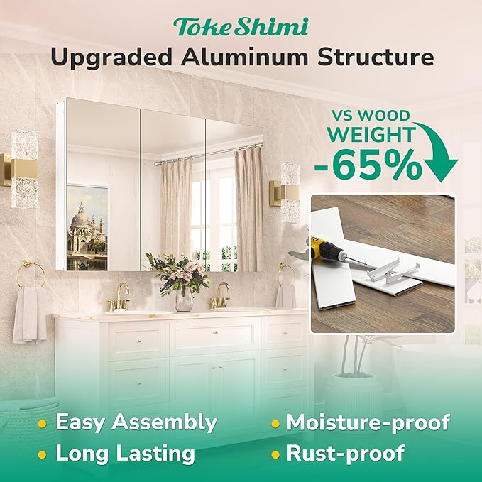 TokeShimi 20x32 Bathroom Mirror with Storage Tempered, Aluminum White Recessed Medicine Cabinet with Mirror Frameless Stepless Adjustable Shelf, Surface Mount Medicine Cabinet for Bathroom