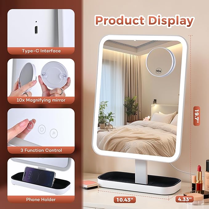 Vanity Mirror with Lights, Storage Hollywood Mirror, 1/10X Magnifing, 3 Colors Lights & Adjustable, Lighted Up Mirror for Makeup Desk, Bedroom, Dressing Room, （19.7" X 12" White） Plug in