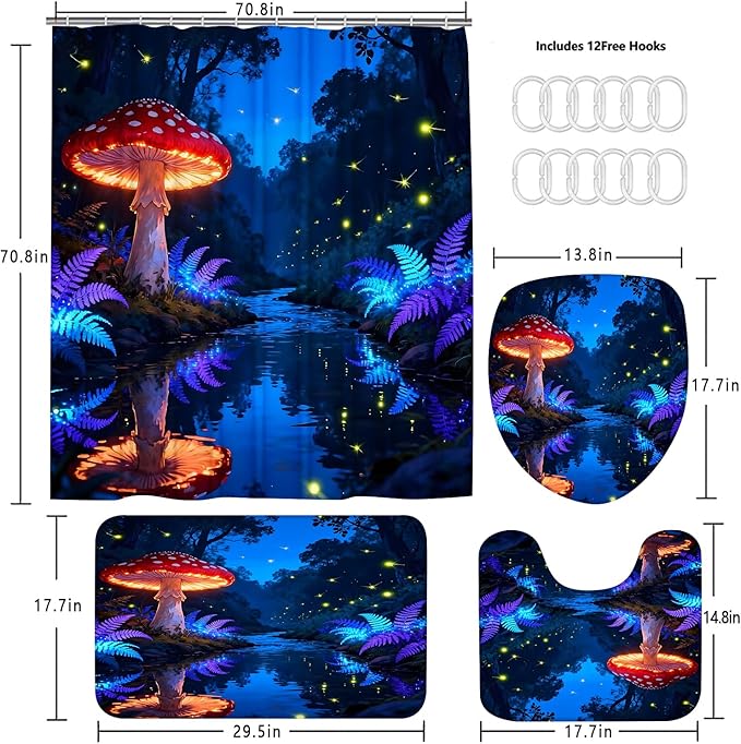 jieprom 4 Piece Blue and Purple Shower Curtain Set with Rugs, Magical Red Mushroom & Glowing Forest Art, Fantasy Aesthetic Waterproof Fabric Bathroom Decor with Non-Slip Mats & Toilet Lid Cover