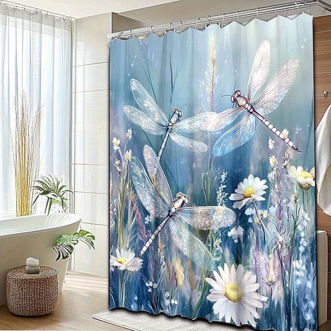 Dreamrflove Dragonfly Shower Curtain, 1-Pack Dragonfly Bathroom Shower Curtain, Blue Vintage Plant Flowers Fabric Bathroom Decoration, 72x72 Inch Waterproof Polyester Insulation Home Accessories