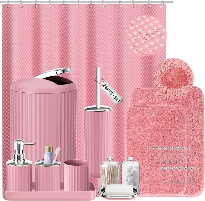 XLHOMO 24 PCS Pink Bathroom Accessories Set with Shower Curtain and Rugs, Bathroom Sets with Extra Soft and Absorbent Bath Rugs Shower Curtain Pink Bathroom Sets for Bath