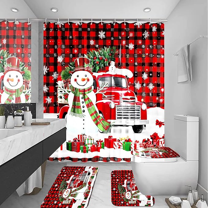 Red Scarf Snowmans Truck Bathroom Sets with Shower Curtain and Rugs, Toilet Lid Cover, Bath Mat, Soft Fabric Cute Christmas Snowman Shower Curtain Set for Bathroom, Bathroom Decor Shower Curtains