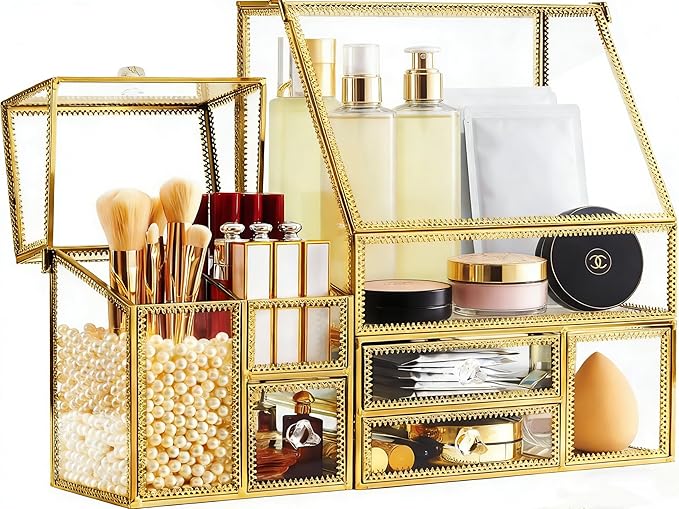 Hersoo Luxury Stackable Glass Cosmetic Organizer 3-Piece Set-Durable,Premium Shatterproof Vanity Storage,Artisan-Design for High-End Bathroom&Makeup Counter Decor(gold)