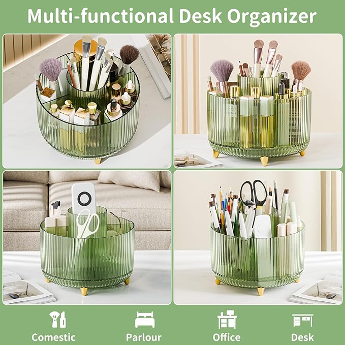 Clear Rotating Makeup Organizer Countertop for Vanity, 360?? Makeup Brush Holder Organizer with 5 Compartments, Transparent Cosmetic Storage for Lipstick, Skincare, Bathroom Counter(Transparent Green)
