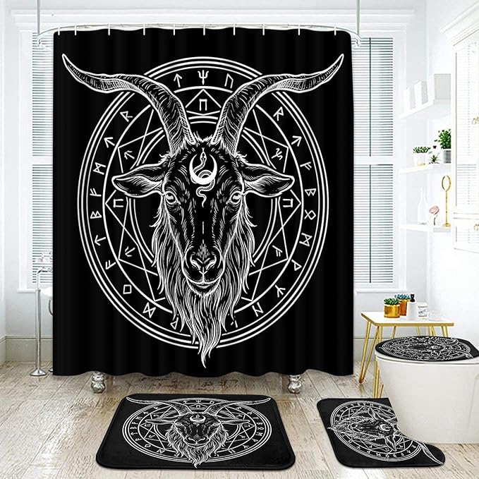 ArtSocket 4 Pcs Shower Curtain Set Goth Geometry Shapes Satan Retro Rock with Non-Slip Rugs Toilet Lid Cover and Bath Mat Bathroom Decor Set 72" x 72" Baphomet