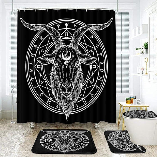 ArtSocket 4 Pcs Shower Curtain Set Goth Geometry Shapes Satan Retro Rock with Non-Slip Rugs Toilet Lid Cover and Bath Mat Bathroom Decor Set 72" x 72" Baphomet