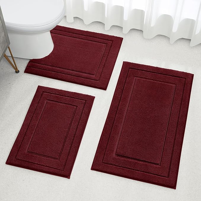 HOMEIDEAS Bathroom Rugs Sets 3 Piece, Super Soft and Absorbent Non Slip Microfiber Toilet Bath Mat with U-Shaped (Burgundy Red)